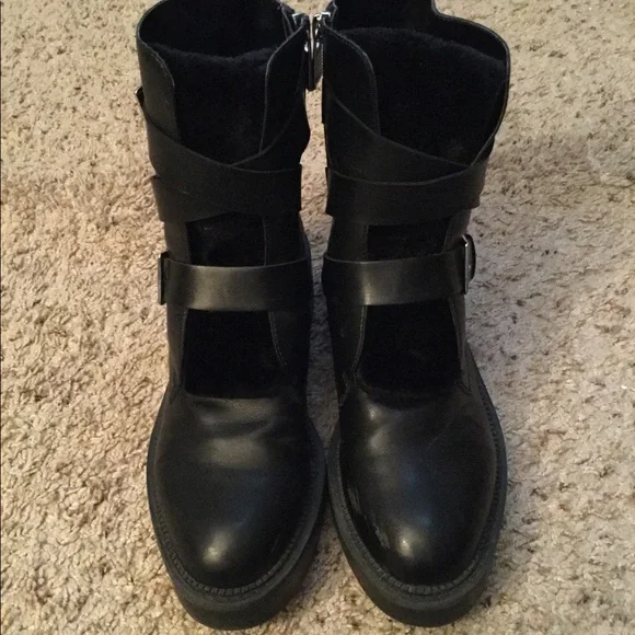 ☠️ ZARA TRAFALUC MOTO LEATHER & FAUX FUR EDGY BIKER BABE GRUNGE BUCKLE BOOTS - Picture 9 of 15